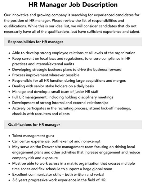 Hr Manager Job Description Velvet Jobs