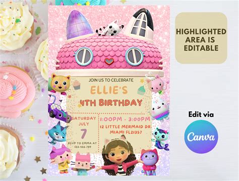 Editable Gabby S Dollhouse Birthday Invitation Template Digital Gabbys Dollhouse Invite Girls