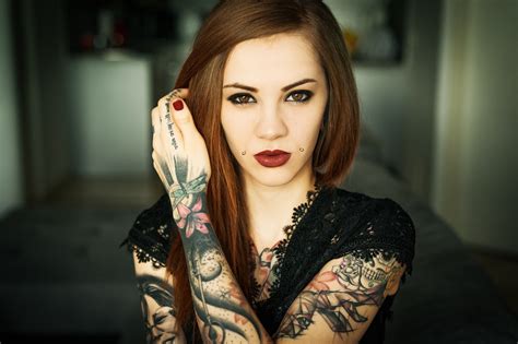 Women Tattoos Face Brunette Looking At Viewer Brown Eyes Piercing