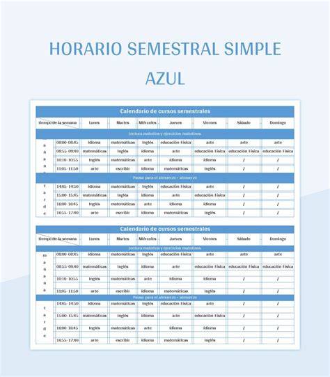 Plantilla de Excel Horario Semestral Simple Azul y Hoja de Cálculo de