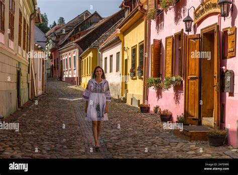 Walking Through The Sighisoara Old Town Streets Transylvania Romania
