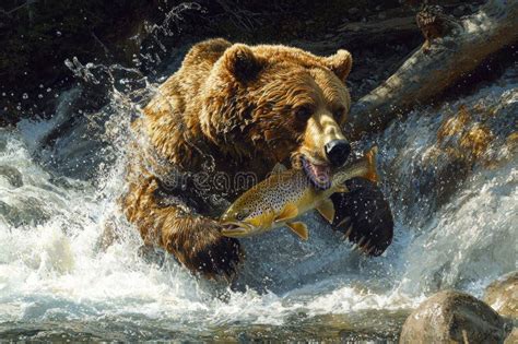 A Grizzly Bear Catching A Trout In A River Stock Illustration