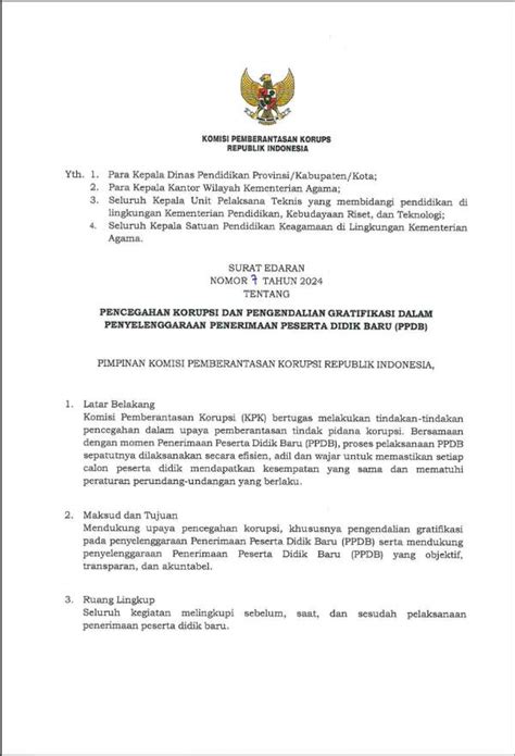 Surat Edaran Nomor 7 Tahun 2024 Tentang Pencegahan Korupsi Dan Pengendalian Gratifikasi Dalam