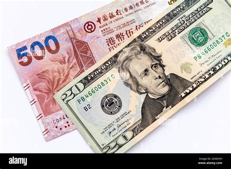 A Twenty Us Dollar Bill And Five Hundred Hong Kong Dollar Bank Note