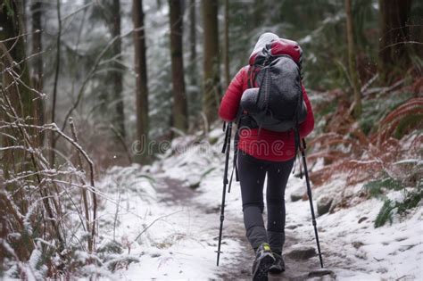 Excursionista Con Polos De Senderismo En Un Sendero De Bosques Nevados