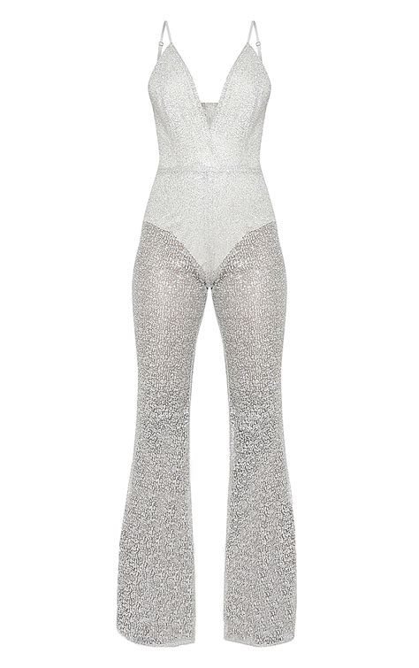 Silver Glitter Mesh Plunge Jumpsuit Prettylittlething Usa