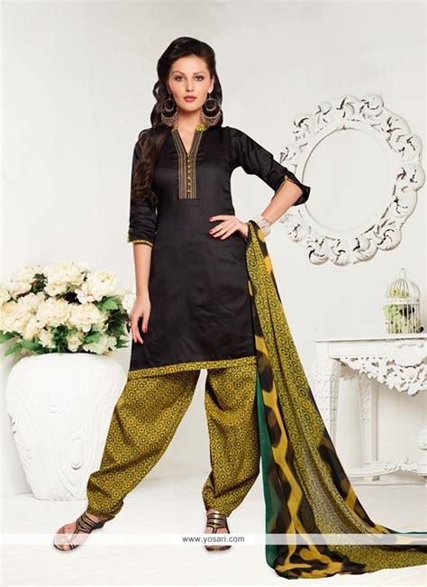 Shop Online Blissful Print Work Cotton Satin Black Designer Patiala Salwar Kameez