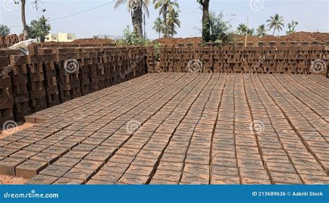 Production Of Clay Bricks At A Brick Factory Molded Bricks Stacked On