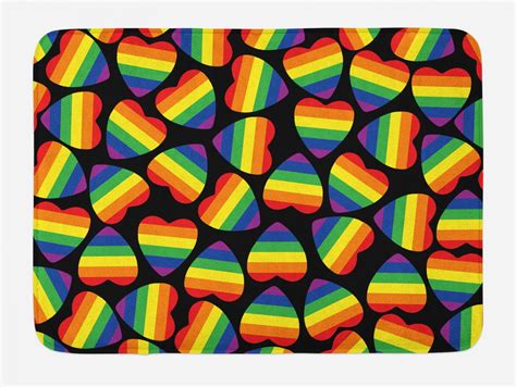 Pride Bath Mat Set Of Colorful Heart Shapes With Gay Parade Flag Inside On Black Backdrop Print