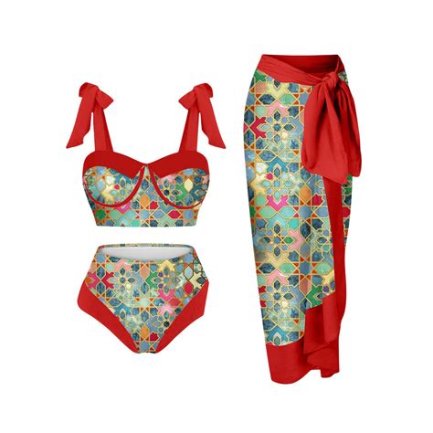High Waist Two Piece Swimsuit Bikini Set With Cover Up For Women Floral 3 In 1 Vintage Beach