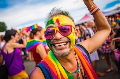 Premium AI Image Smiling MiddleAged Asian Gay Man At Pride Parade