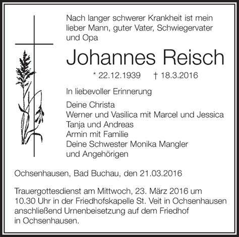 Traueranzeigen Von Johannes Reisch Schwaebische De Trauerportal