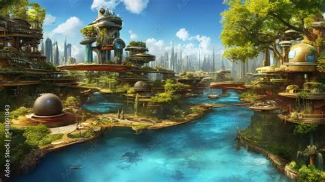 Utopia Futuristic City With Beautiful Buildings Along A River Stock