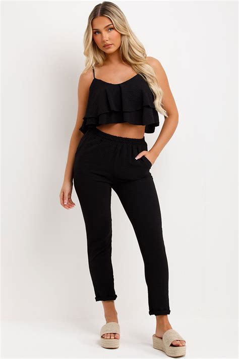 Womens Ruffle Top And Trouser Two Piece Matching Set Black Styledup