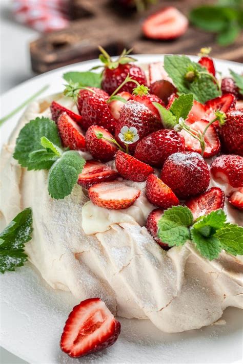 Delicious Homemade Pavlova Cake With Fresh Strawberries And Whipped