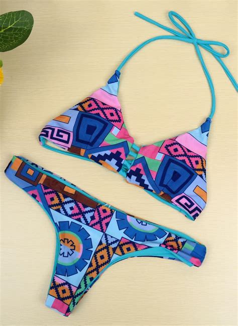 Blau L Print Halter Wireless Padded Two Piece Bikini Set Chicuu