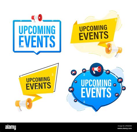 Megaphone Label Set With Text Upcoming Events Megaphone In Hand Promotion Banner Marketing And