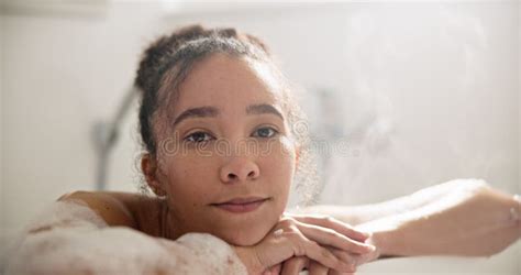 Bath Woman And Face With Thinking Peace And Ideas In A Hotel Bathroom