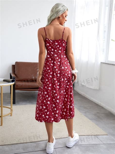 Shein Vcay N Abertura Lateral Busto Ruched Floral Estampa Em Toda A