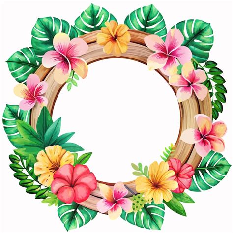 Vector Watercolor Wooden Round Frame With Tropical Flowers 6 Premium