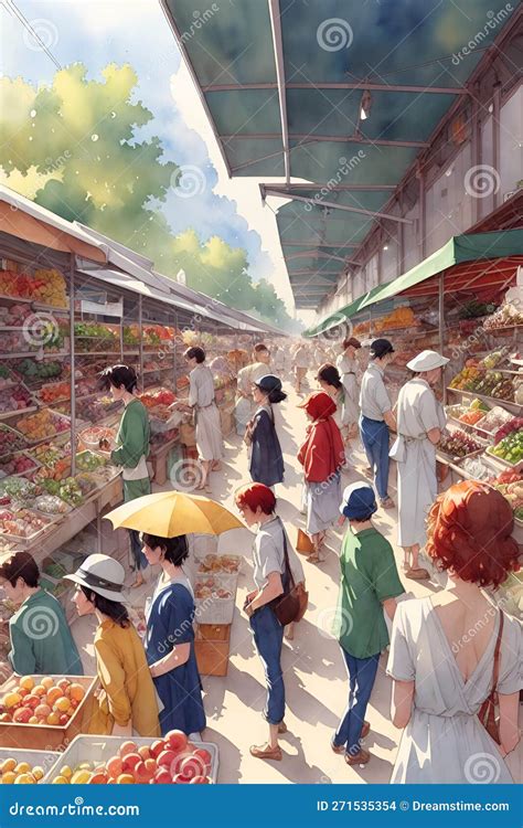 The Atmosphere Of The Morning Wet Market Is Drawn Using Medium Water