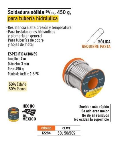 Soldadura Sólida 50 50 Tubería Hidráulica 450 G Truper 12284 Envío gratis