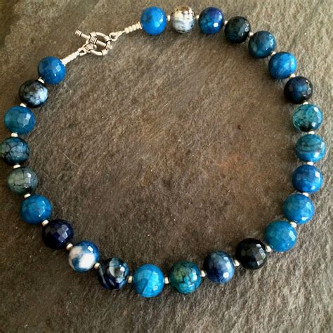 Chunky Blue Agate Beaded Gemstone Necklace Sterling Silver Semi