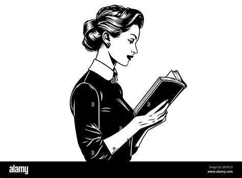 Businness Woman Read Book Ink Drawing Sketch Pop Art Style Black And