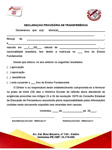 Declaração De Transferência Escolar - Declaração Provisória de Transferência Escolar | PDF