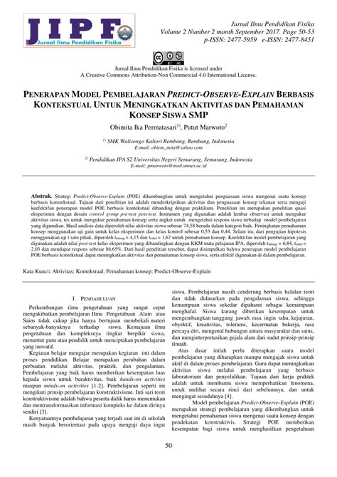 Pdf Penerapan Model Pembelajaran Predict Observe Explain Berbasis