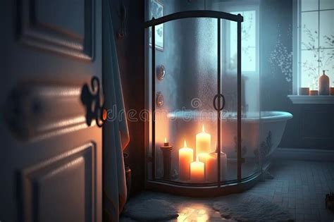 Bathroom Interior With Candles And Steamy Hot Shower Creating A Warm
