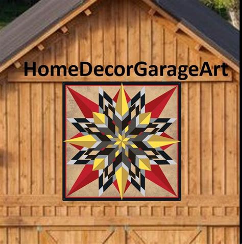 Barn Quilt Sign Sixteen Point Star Red Yellow Square Metal Sign With