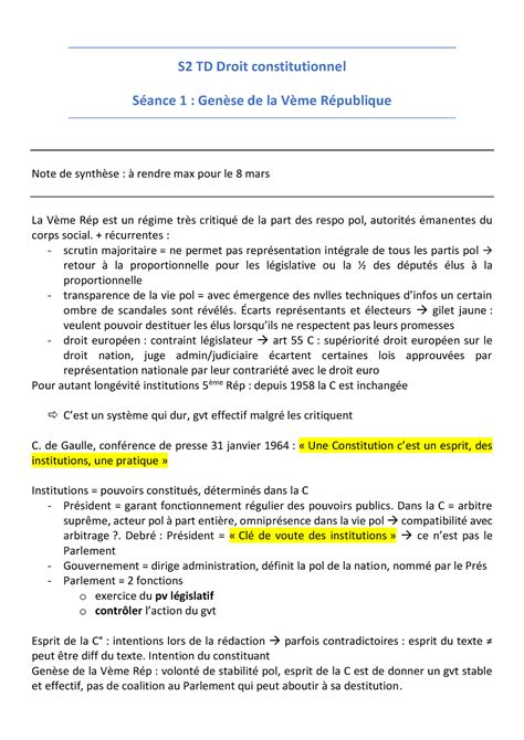 TD Droit constit S2 S2 TD Droit constitutionnel Séance 1 Genèse de