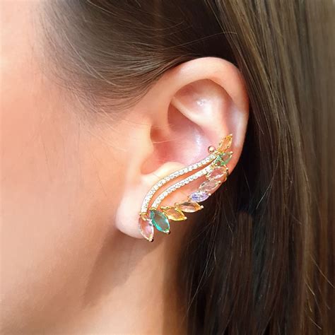 Brinco Ear Cuff Folhas Zircônias Folheado a Ouro 18K Lunozê Joias