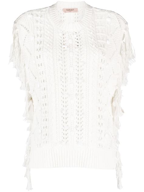 Twinset Fringed Open Knit Top White Farfetch