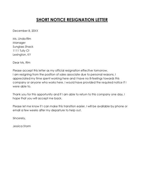 Letter Of Resignation Hours Notice Examples Guide