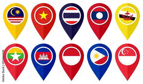 Aec Members Flat Map Marker Icon Set With Malaysia Vietnam Thailand