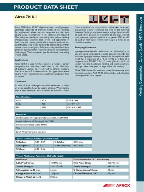 Product Data Sheet Afrox 7018 1 Pdf Welding Construction
