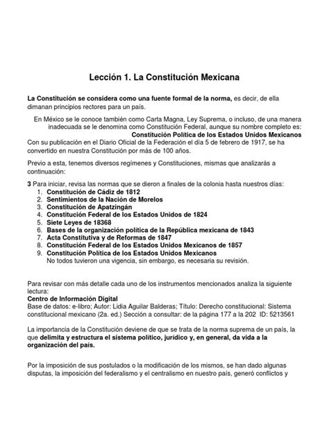 Lección 1 La Constitución Mexicana Pdf Constitución México