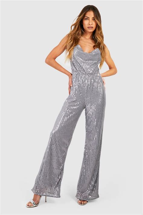 Sequin Cowl Neck Wide Leg Jumpsuit Boohoo Uk