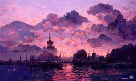 Aesthetic Sunset Skyline Painting with Boats | Wallpaper