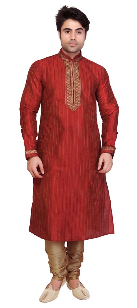 Red And Maroon Color Art Silk Fabric Kurta Pyjamas