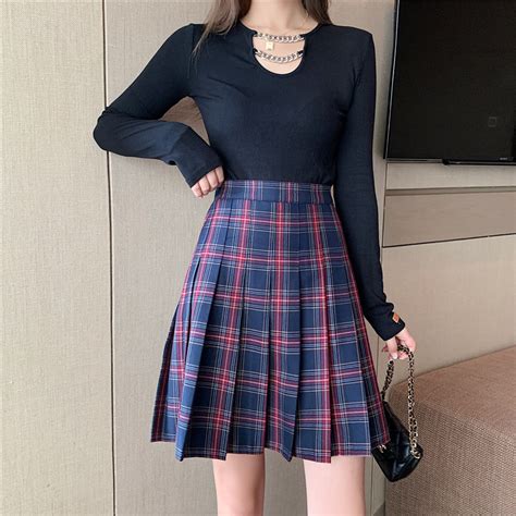 Lady Navy Plaid Skirt Outfit Plus Size Navy Plaid Pleated Plaid Midi Skirt Outfit Knee Length