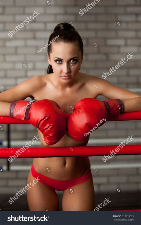 Attractive Brunette Posing Topless Boxing Ring Stock Photo 228828013