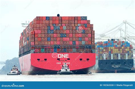 Cargo Ship One Crane Departing The Port Of Oakland Editorial Image