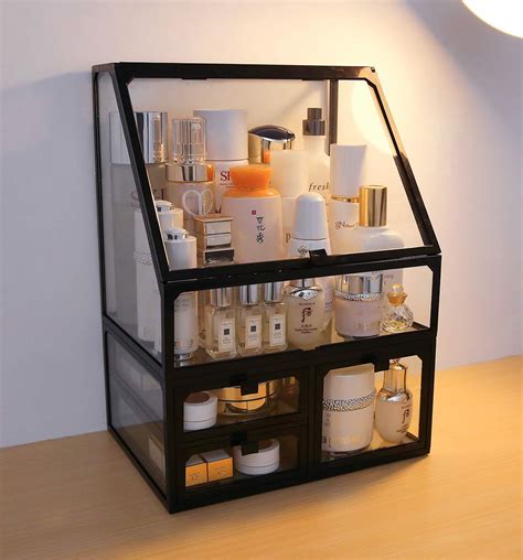 MOOCHI Black Vintage Glass Cosmetic Makeup Organizer 3 Drawers Set Dust