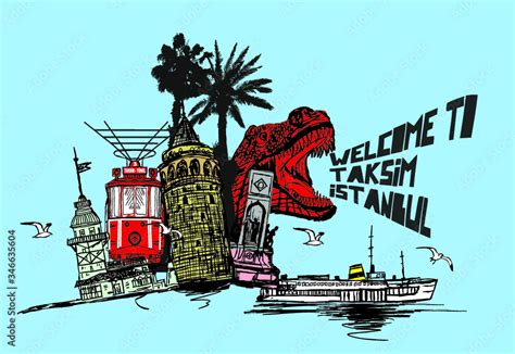 Istanbul Dinosaur Taksim Istiklal Street Tram Embroidery Graphic Design