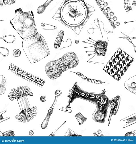 Sewing Tools Seamless Pattern Monochrome Stock Vector Illustration Of