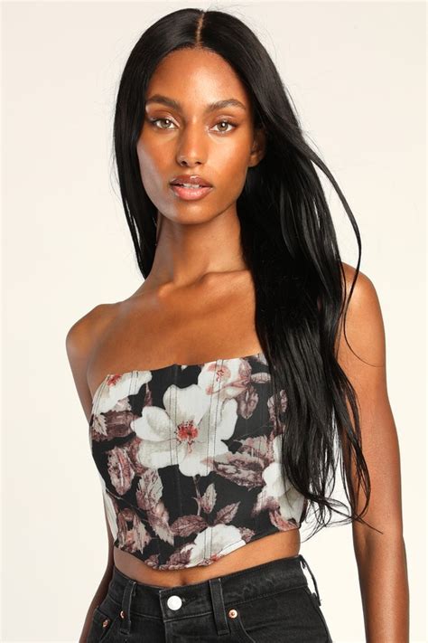 Black Floral Top Strapless Bustier Top Sexy Crop Top Lulus