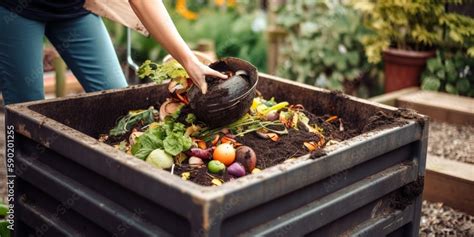 Person Composting Food Waste In Backyard Compost Bin Gardener Concept